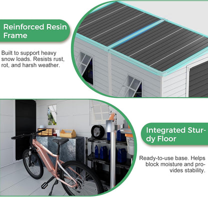 4x8 FT Plastic Storage Sheds Outdoor with Floor and Openable Window, Lean to Resin Shed Easy to Install, Compact Sheds & Outdoor Storage/Tool Shed for Garden & Backyard, Gray