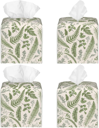 POIUBLE Tissue Box Holder Leaves and Herbs Tissue Box Cover Square Leather Tissue Holder Organizer Portable Decorative Facial Paper Case for Home Office Bathroom Vanity Countertop