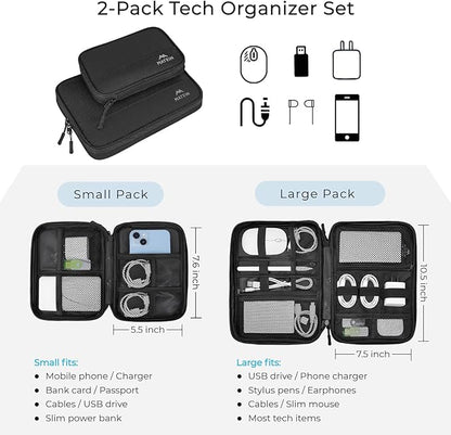 MATEIN Charger Organizer Travel Case 2 Pack, Cable Bag Organizer for Tech Accessories, Water Resistant Cord Case for Work, Sturdy Cable Pouch for Crods, Phone, Powerbank, Gifts for Men, Black