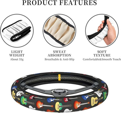 Musical Car Steering Wheel Cover for Women Acoustic Electric Guitars Men Stretch Cloth Anti-Slip Wrap Protector Case Fit Universal Auto Accessories Decor Sweat Absorption 14-15 Inch