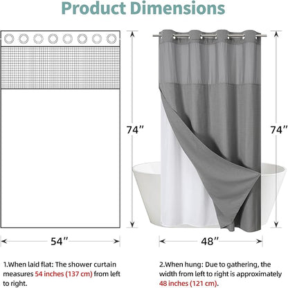 eachope Grey No Hook Waffle Weave Shower Curtain with snap-in Liner Replacement, 230GSM Waterproof Fabric Hotel Shower Curtain Set for Bathroom, Through Mesh Top Window,54Wx74H