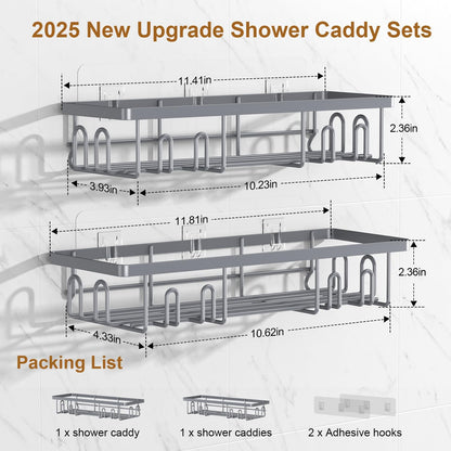 2025 New Adhesive Shower Caddy, Shower Shelves with 16 Hooks, Grey 2 Pack
