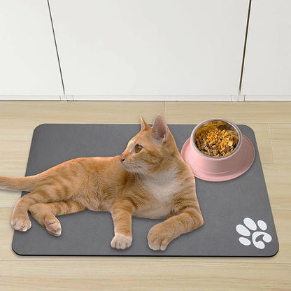 YCT Pet Dog Cat Feeding Mats - Non-Slip, Super Absorbent, Eating Mat with Footprints, 24 x 16.9 inches, Dark Grey