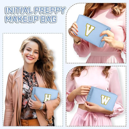 TOPEAST Cosmetic Travel Bags for Women, Preppy Small Makeup Bag, PU Leather Waterproof Toiletry Bag, Unique Friendship Gifts for Friends Coworker, Cute Stuff for Girls (Sky Blue R)