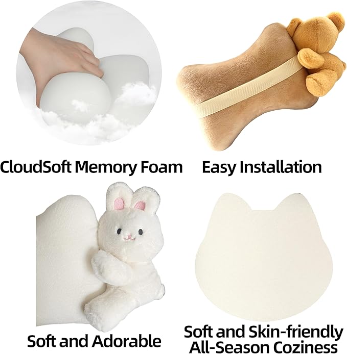 Car Headrest Pillow 2PCS Plush Bear ＆ Bunny Car Seat Headrest Pillow - Memory Foam Neck Support Cushions for Comfortable Driving, Easy Install & Washable (Bear+Rabbit)