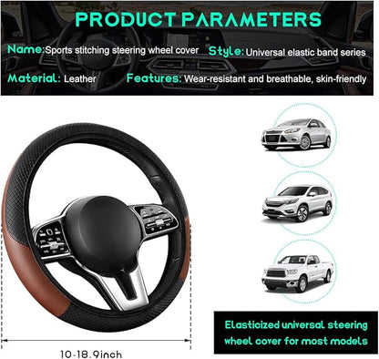 Car Steering Wheel Cover, 15 inch Carbon Fiber Microfiber Leather Elastic Steering Wheel Protector, Breathable Anti-Slip Comfortable Steering Wheel Covers for Most Cars (Black&Khaki, AD)