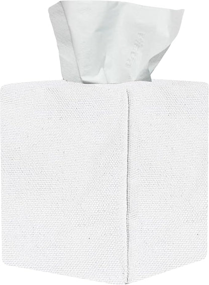 Tissue Box Cover, Cute Bleach White Linen Fabric Decorative Square Tissue Box Holder/Organizer for Bathroom Vanity Countertop/Office/Nightstand/Desk