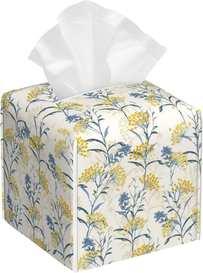 BLYKVGHQ Yellow Berries and Leaves Tissue Box Cover Square, Autumn Floral Tissue Box Holder with Bottom Belt Leather Facial Paper Organizer Dispenser for Bathroom Bedroom Dresser Night Stand Tabletop