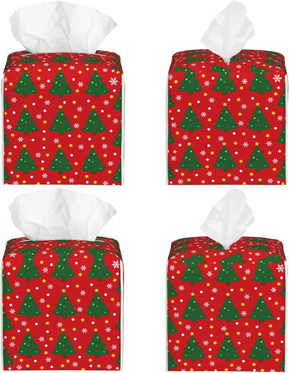 Christmas Tree and Snowflakes Tissue Box Cover Square,Red Green Christmas Pine Tree Tissue Box Holder Waterproof Leather Facial Paper Organizer Dispenser for Bathroom Home Car Nightstand Vanity Desk