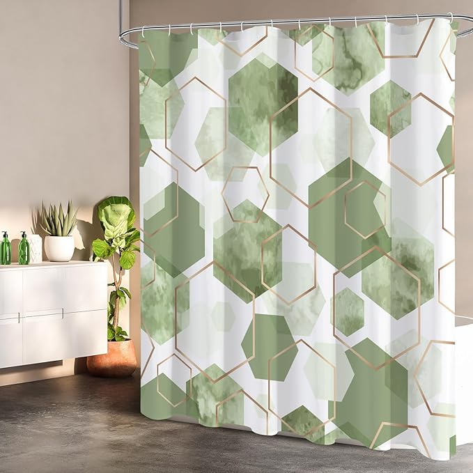 Litabel Modern Small Stall Shower Curtain for Bathroom, Sage Green Geometric Art Decor Waterproof Bath Curtain, Abstract Fabric Shower Curtain Sets for Home Decor, 36x72 Inch