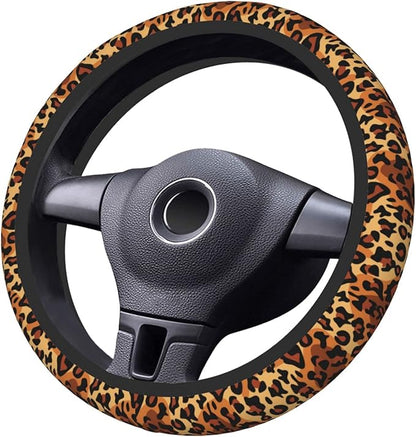 Leopard Print Steering Wheel Cover Women Men Elastic Stretch Soft Car Wheel Protector Universal Breathable No-Slip Car Accessories for Truck Van SUV Auto Fit 14-15 Inches