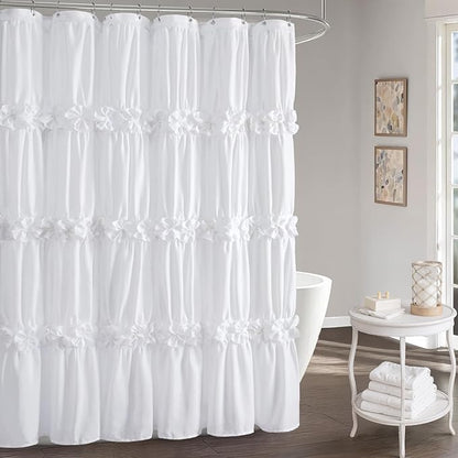 XOGUIBO Ruffle Shower Curtain with Handmade Bow Tie, White Linen Vintage Farmhouse Shower Curtain for Bathroom, 72" W x 90" H