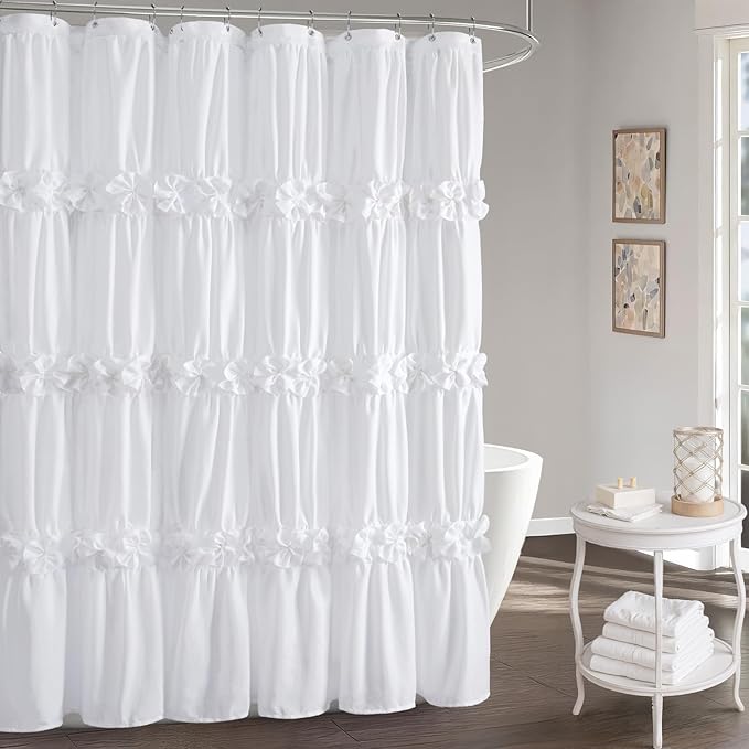 XOGUIBO Ruffle Shower Curtain with Handmade Bow Tie, White Linen Vintage Farmhouse Shower Curtain for Bathroom, 72" W x 78" H
