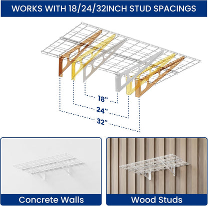 LEXIMOUNTS 2-Pack 2x4ft Garage Shelving with Hooks, 24-inch-by-48-inch Wall Shelf Garage Storage Racks Floating Shelves, White