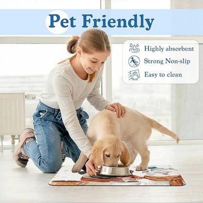 Chirstmas Dog Coffee Dog Cat Food Mat–Absorbent Waterproof Placemat for Food and Water Bowls, Non Slip Rubber Backing, Feeding Mat for Clean Floors 16"x24"