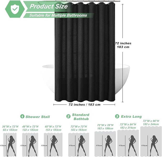 meioro Black Shower Curtain, Waffle Weave 256GSM Heavy Duty Textured Fabric Shower Curtains for Bathroom Hotel Spa, Luxury Weighted Polyester Cloth Bath Curtain Set with 12 Hooks, 72Wx72H