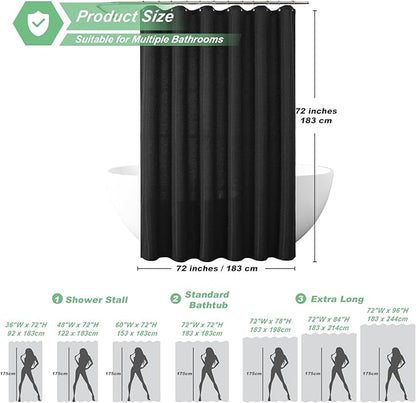 meioro Black Shower Curtain, Waffle Weave 256GSM Heavy Duty Textured Fabric Shower Curtains for Bathroom Hotel Spa, Luxury Weighted Polyester Cloth Bath Curtain Set with 12 Hooks, 72Wx72H