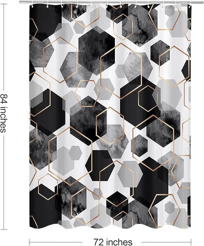 Litabel Modern Extra Long Shower Curtain for Bathroom, Black Geometric Art Decor Waterproof Bath Curtain, Abstract Fabric Shower Curtain Sets for Home Decor, 72x84 Inch