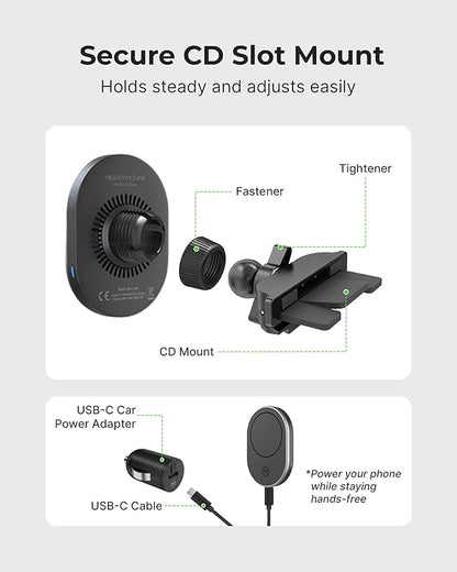 15W MagSafe Car Mount CD Slot Charger, Wireless Car Charger Phone Holder, Magnetic CD Mount Charger with N52 Magnet, Fast Charging, 360 Rotation, Compatible with iPhone 14/15/16/17/Galaxy