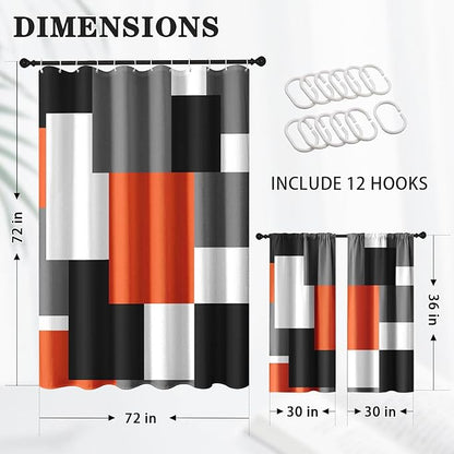 Culudea Geometric Orange White Shower Curtain Set, Black and Gray Modern Bathroom Window Waterproof Shower Curtain Set for Bathroom Decor
