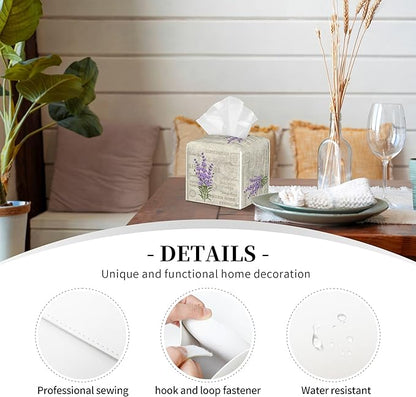 POIUBLE Leather Tissue Box Holder Lavender Flowers Tissue Box Cover Square Waterproof Tissue Holder Organizer Modern Napkin Holder for Bedroom Dresser Night Stand Office Desk