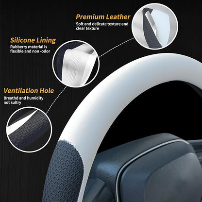 Nappa Leather Steering Wheel Cover, Universal 14.5–15 Inch Non-Slip Breathable Steering Wheel Cover for Cars, White