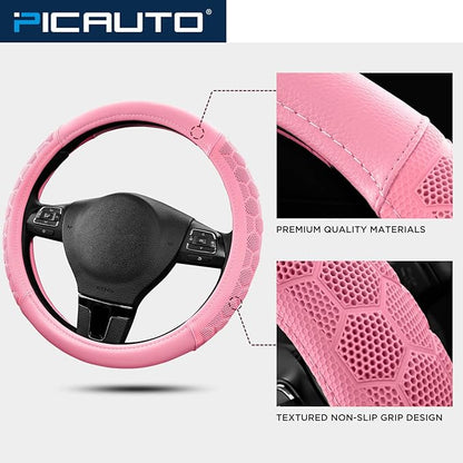 PIC AUTO Massage Steering Wheel Cover, Pink Football Pattern Material Spliced & Pink Leather Car Steering Wheel Cover, Car Steering Cover, Universal Fit 14.5"-15.5" for Cars, Trucks, Van, SUVs