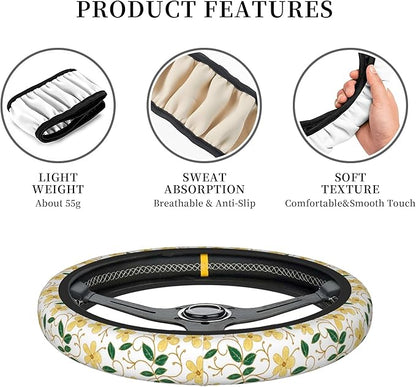 Car Steering Wheel Cover,Yellow Flower Universal Non Slip Wheel Protector 15 Inch Elastic Car Accessories for Men Women