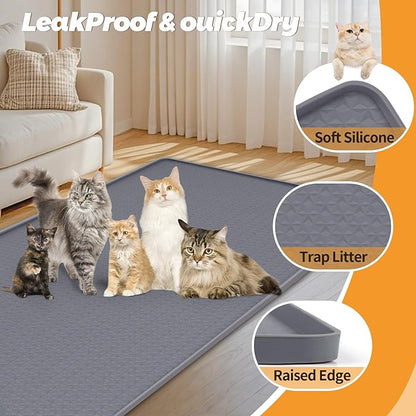 Bartuke Cat Litter Mat, Extra Large 51" x 25.6" Silicone Mat Litter Trapping Mat for Scatter Control, Soft on Kitty Paws, Easy to Clean (Dark Grey)