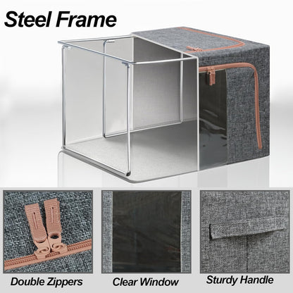 Linen Clothes Storage Bins, 4PCS Sturdy Closet Organizers and Storage Bin with Metal Frame, 2 Opening Ways Fabric Visible Lidded Storage Box for Organizing Clothing,Jeans,Sheets (4PC Gray, 60Liters)