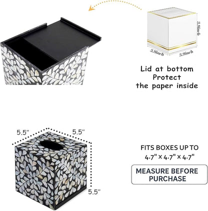 PEMAR Handcrafted Wooden Tissue Box Cover for Small Cube Tissue Boxes Only (Max Inner Size 4.7”) – Mother of Pearl Inlay Decorative Tissue Holder for Bathroom, Living Room & Office (White Vines)