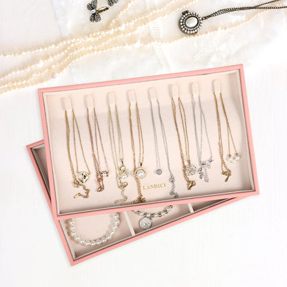 LANDICI Stackable Jewelry Organizer Trays 4 Set,PU Leather Jewelry Organizer Drawer,Jewelry Storage Display Tray for Earring Necklace Rings Bracelet with Removable Dividers,Pink