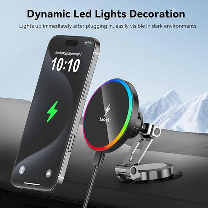Lecork for Magsafe Car Mount Charger, 15W Magnetic Wireles Car Charger for iPhone 12 13 14 15 16 Series, Stick On Dashboard Phone Holder Mount for Samsung S25 Series, Zinc Alloy Shell, Black