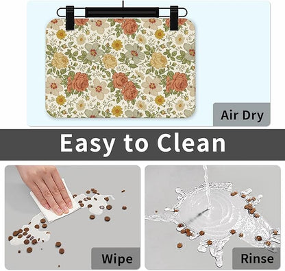 Delicate Floral Dog Food Mat Absorbent Bowl Mats No Stains Quick Dry Waterproof Pet Cat Placemats for Food and Water, 30x45cm