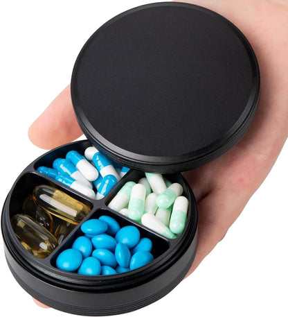 Daily Pill Organizer 4 Compartments - Metal Small Pill Case Waterproof, Travel Pill Box for Purse, Compact Medicine Container Pill Dispensers Holder for Vitamin, Fish Oil, Supplement (Black)