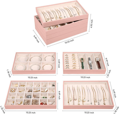 LANDICI Stackable Jewelry Organizer Trays 4 Set,PU Leather Jewelry Organizer Drawer,Jewelry Storage Display Tray for Earring Necklace Rings Bracelet with Removable Dividers,Pink