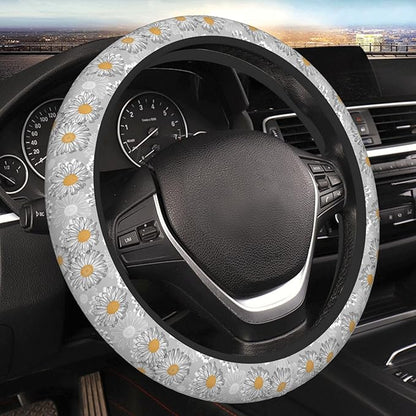 Floral Daisy Steering Wheel Cover Women Men Vintage Flower Elastic Stretch Soft Car Wheel Protector Universal Breathable No-Slip Car Accessories for Truck Van SUV Auto Fit 14-15 Inches