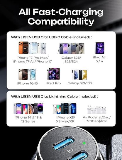 AINOPE 67.5W Super Mini Cigarette Lighter Adapter Car Charger USB C Fast Charging, All Metal PD&QC Type C Car Charger Adapter Outlet Plug Socket for iPhone 17 16 Pro Max 15 14 13 Air, Samsung S26 S25