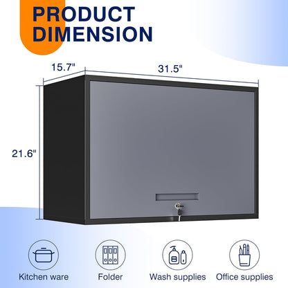 Yizosh Metal Wall Cabinet with Doors and Shelves, Wall Mounted Storage Cabinet for Garage, Basement, Kitchen, Warehouse (Black Gray, 21.6" H)