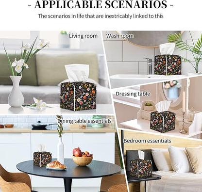 Spring Florals Herbs Tissue Box Cover Vintage Flowers Square Leather Tissue Holder Decorative Facial Tissue Cube Paper Cover Case Organizer for Bathroom Night Stands Desk Tabletop Home