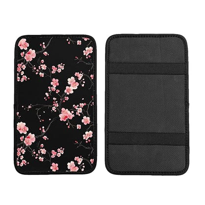Nice Sakura Blossom Black Car Auto Armrest Cushion Cover Accessories Center Console Seat Box Pad Protector Universal Decoration for Most Vehicle SUV Truck