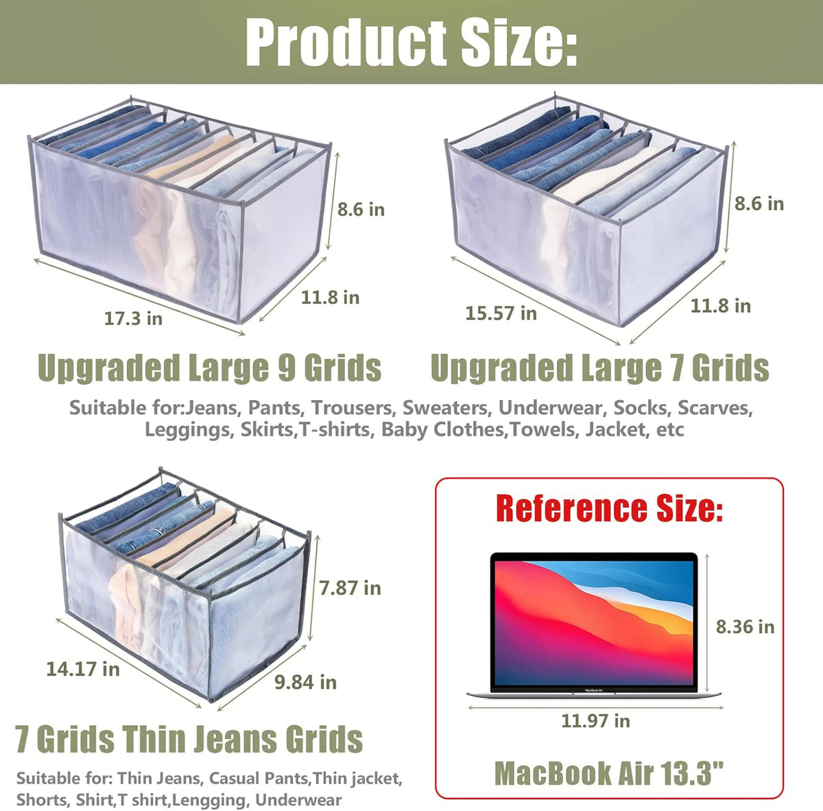 TOOVREN Jeans Organizer Extra Large 9 Grids, Closet Organizer with Foldable Drawer Compartments, Washable Clothing Storage Box 3-Pack