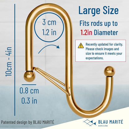 6-Pack Metal S Hooks for Hanging – Heavy-Duty S-Shaped Hook with Safety Buckle – Fits Bars up to 1.2 in – Anti-Drop S-Hooks for Closet, Wardrobes & Storage – Golden (Large)