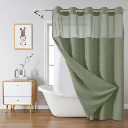 eachope SageGreen Extra Long No Hook Waffle Weave Shower Curtain with snap-in Liner Replacement, 230GSM Waterproof Fabric Hotel Shower Curtain Set for Bathroom, Through Mesh Top Window,71Wx86H
