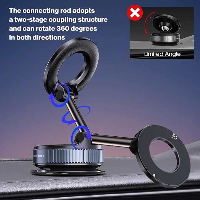 360° Rotatable Vacuum Magnetic Phone Holder, Foldable and Retractable Suction Cup Car Phone Mount for Car/Gym/Mirror/Smooth Surface, Compatible with iPhone Android and All Smartphones (Black)