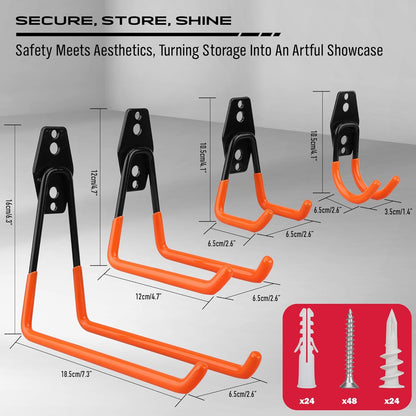 Garage Tool Storage Wall Hook Assortment Set: 15PCS Heavy Duty Large Hanger Garden Tool Organizer Ladder Bike Rack Yard Tool Holder Shed Shovel Metal Screw Organization Bicycle Steel Bracket