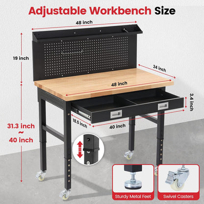 Work Bench for Garage 48 Inch Heavy Duty Rubberwood Tabletop Workbench with Wheels, Pegboard, Drawers, Power Outlets Adjustable Height Work Table for Home, Office, Workshop