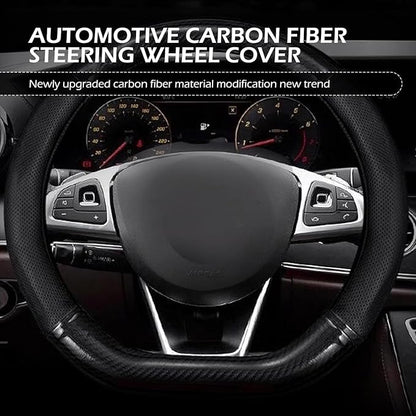 Car Carbon Fiber Steering Wheel Cover, D-shape Anti-slip Breathable Steering Wheel Protector, Four-season Interior Accessory, Universal for Most Cars (Black #D-shape)