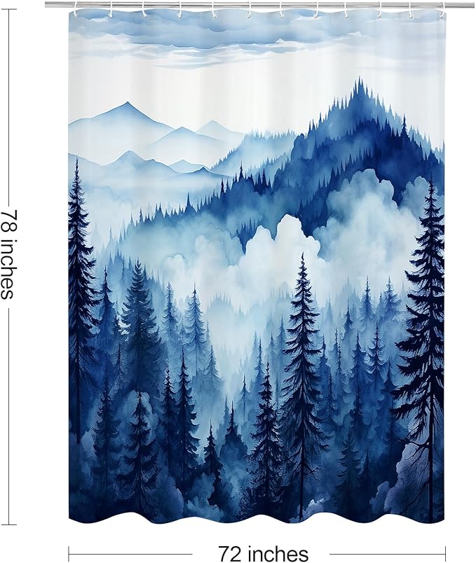 Litabel Navy Blue Long Misty Pine Forest Shower Curtain 72 x 78, Mountain Foggy Woodland Scenery Tree 78 Inch Long Shower Curtains for Bathroom, Abstract Waterproof Nature-Themed Decor