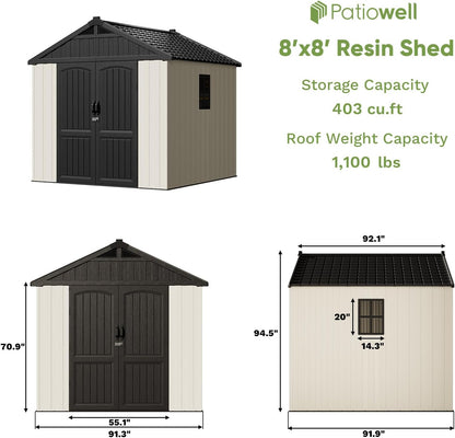Patiowell 8 x 8 FT Plastic Outdoor Storage Shed with Floor, Resin Shed with Window and Lockable Door for Garden, Backyard, Tool Storage Use, Easy to Install in Beige (Kick-it Shed)